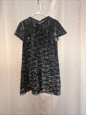 Girls Black Iridescent Sequin Short Sleeve Party Dress